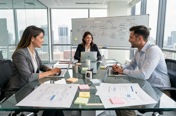 Équipe d'une agence digitale collaborant sur une stratégie de présence en ligne avec wireframes et outils SEO