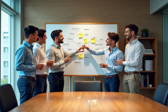 Équipe professionnelle diverse en séance de brainstorming stratégique autour d'un tableau blanc dans une salle de réunion moderne