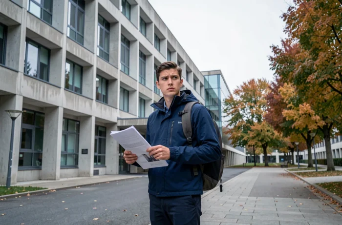 Étudiant devant le campus de l'université UPEC à Créteil avec ses documents de candidature