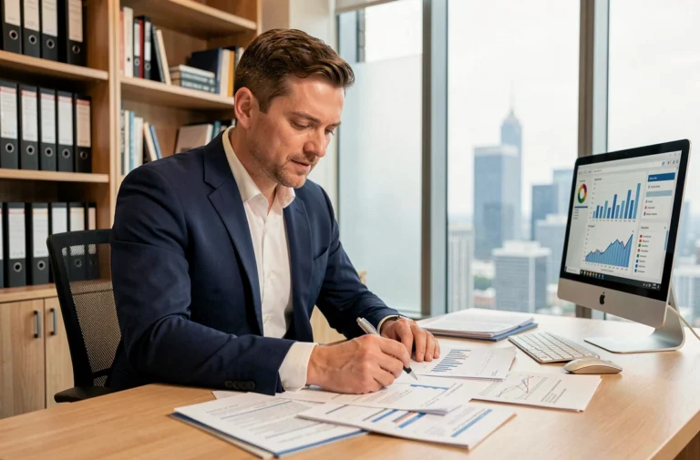 Expert-comptable masculin en costume analysant des documents financiers dans un bureau moderne