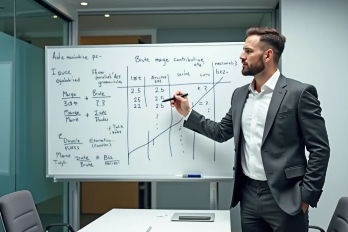 Manager expliquant la différence entre marge brute et marge contributive sur un tableau blanc en salle de réunion