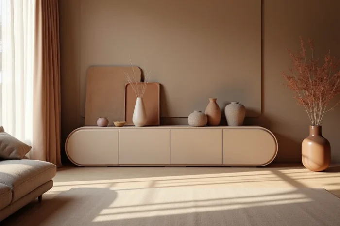 Meuble de séjour avec façades incurvées en laque mate dans un salon aux tons chauds et canapé bouclé