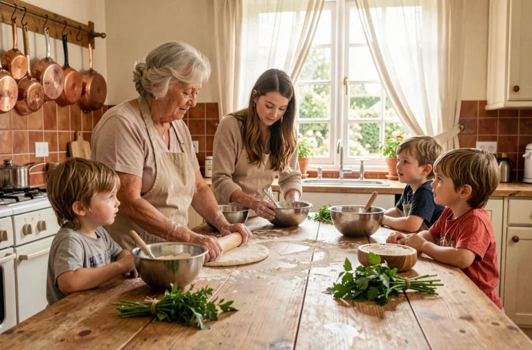 Famille multigénérationnelle qui cuisine ensemble dans une cuisine rustique chaleureuse, partageant un moment de complicité autour de la pâtisserie maison