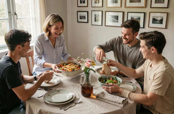 Famille joyeuse réunie autour d'un repas du dimanche convivial avec des plats faits maison, partageant un moment de bonheur et de complicité à table