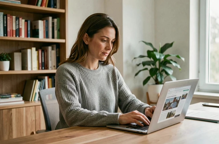 Femme consultant les dernières actualités du web sur son ordinateur portable dans un bureau moderne à domicile