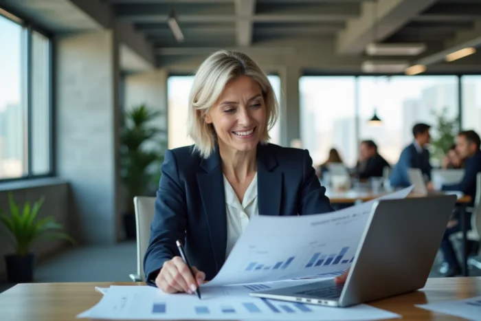 Femme d'affaires professionnelle analysant des graphiques de croissance dans un bureau moderne et lumineux pour booster son activité
