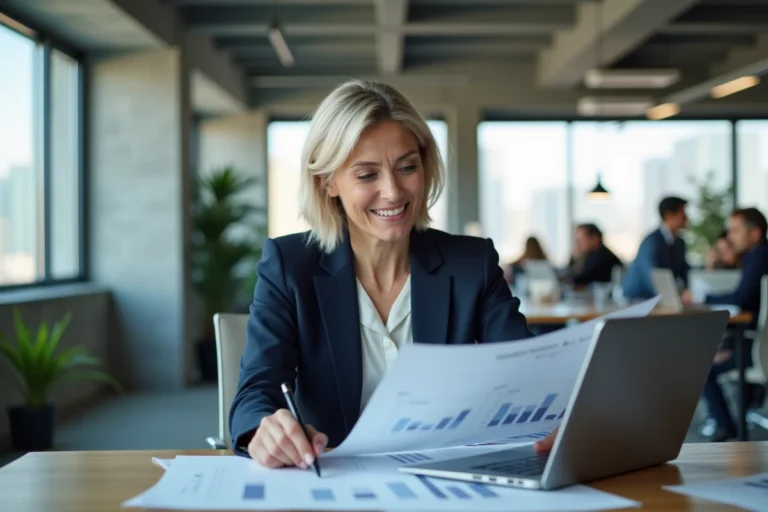 Femme d'affaires professionnelle analysant des graphiques de croissance dans un bureau moderne et lumineux pour booster son activité