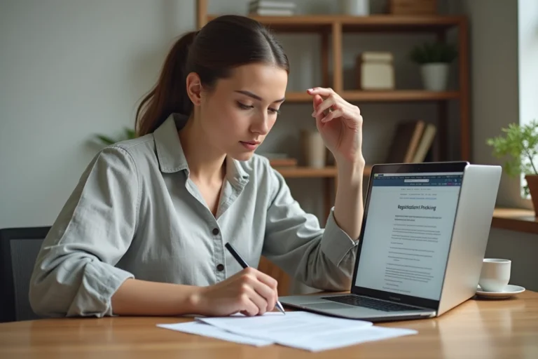 Femme auto-entrepreneur remplissant des documents administratifs pour créer son entreprise depuis son bureau à domicile