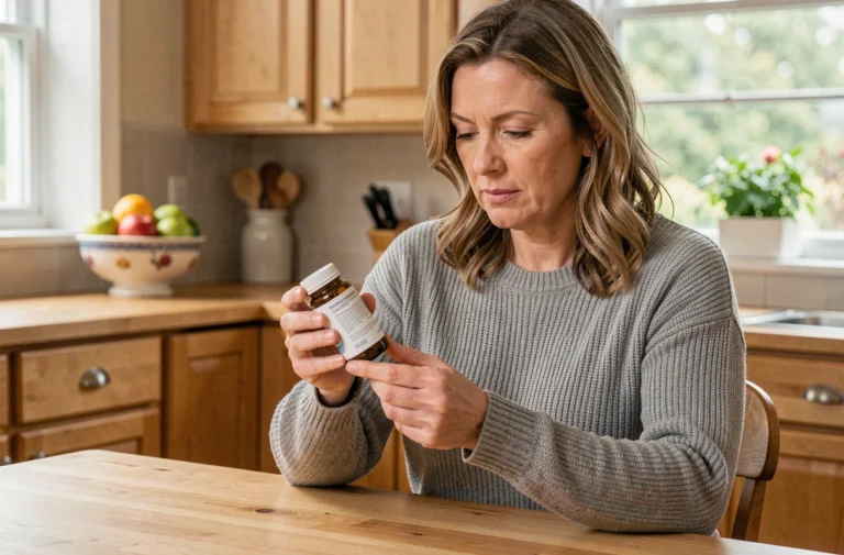 Femme lisant les avis sur un complément alimentaire Haplex Plus dans sa cuisine
