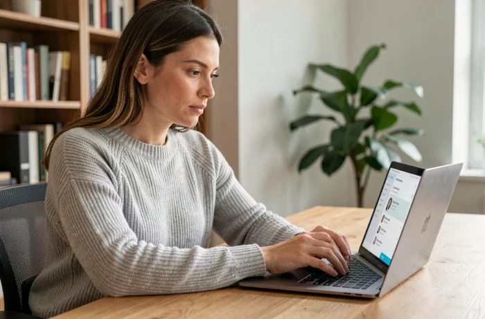 Femme consultant des avis utilisateurs sur Tarenoi depuis son bureau à domicile en 2026
