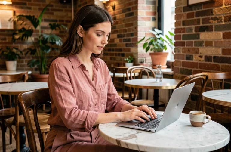 Femme élégante parcourant un blog lifestyle français dans un café parisien avec un ordinateur portable