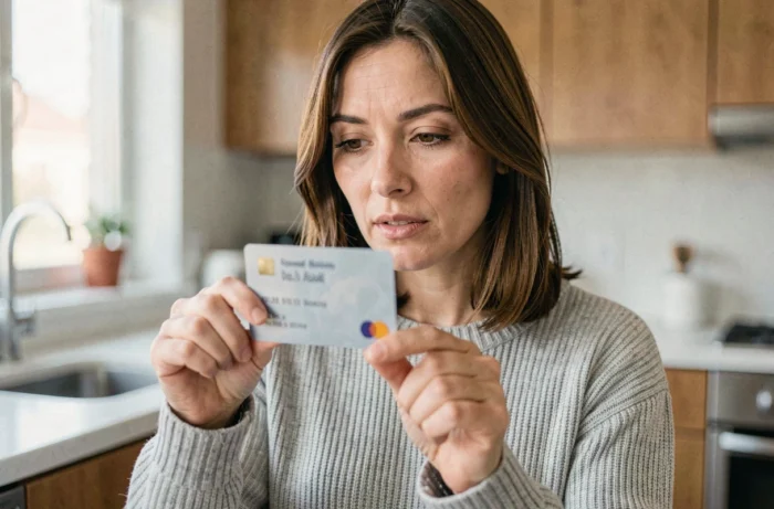 Femme tenant une carte bancaire et observant la date d'expiration MM AA au recto de la carte