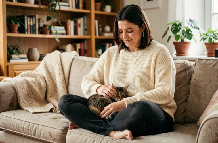 Femme souriante caressant son chat tabby sur un canapé beige dans un salon chaleureux et cosy