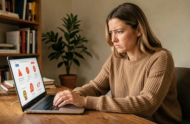 Femme inquiète analysant un site e-commerce suspect sur son ordinateur portable à son bureau à domicile