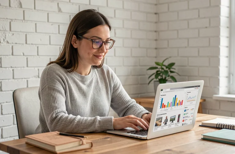 Femme entrepreneur analysant les statistiques de sa boutique en ligne sur un ordinateur portable dans un bureau moderne
