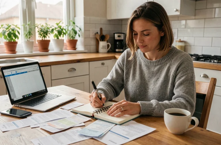Femme gérant son budget à la table de cuisine avec des factures, un cahier de comptes et un ordinateur portable ouvert