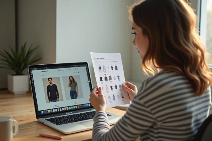 Femme comparant un guide des tailles en ligne depuis chez elle pour faire le bon choix de vêtement