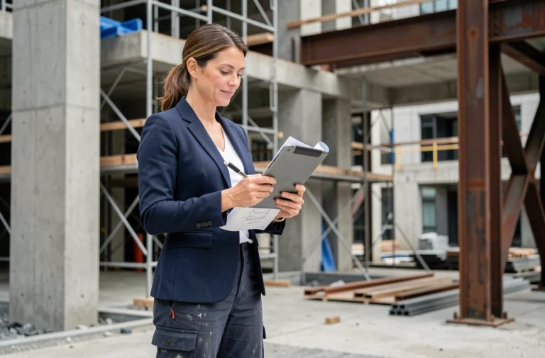 Femme ingénieure en tenue professionnelle sur un chantier de construction moderne, tenant une tablette numérique et consultant des plans d'architecture