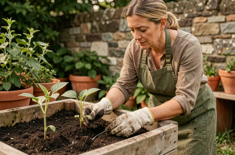 Femme jardinière transplantant des semis dans un potager surélevé en bois, les mains dans la terre, ambiance naturelle et authentique