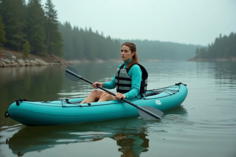 Femme en kayak gonflable Advanced Elements Lagoon 1 sur un lac calme entouré de pins, vue en 3/4 depuis le niveau de l'eau