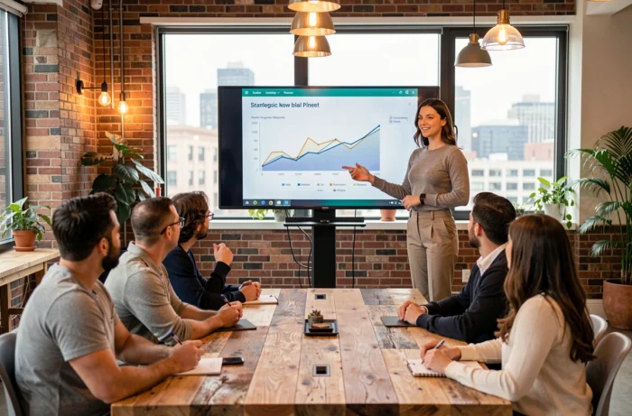 Jeune femme professionnelle présentant une stratégie d'entreprise sur écran interactif dans un espace de coworking moderne devant des collègues