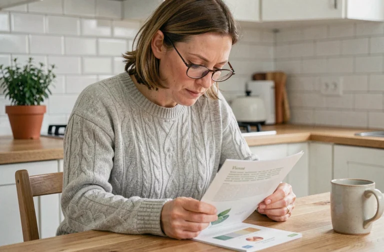Femme lisant un guide de santé à sa table de cuisine, illustration des conseils pour prévenir les maladies au quotidien