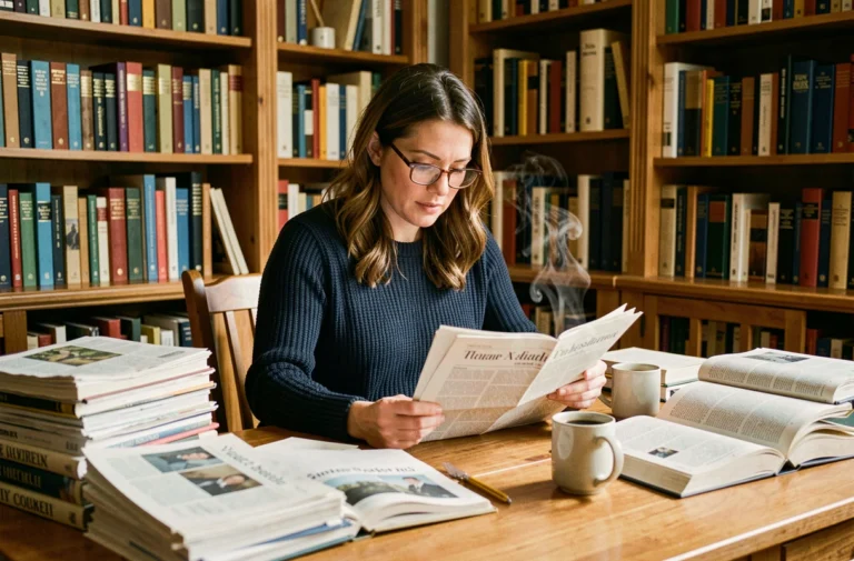 Femme lisant des journaux dans une bibliothèque personnelle entourée de livres et de culture générale