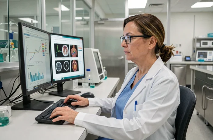 Femme médecin chercheuse en blouse blanche analysant des données médicales sur deux écrans dans un laboratoire hospitalier moderne
