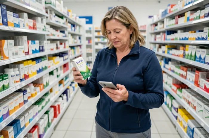 Femme en pharmacie comparant les résultats et avis sur Haplex Plus avec son téléphone