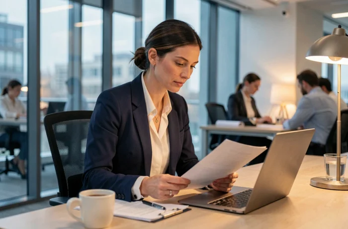 Femme professionnelle confiante travaillant dans un bureau moderne, illustrant le développement de carrière grâce aux services professionnels