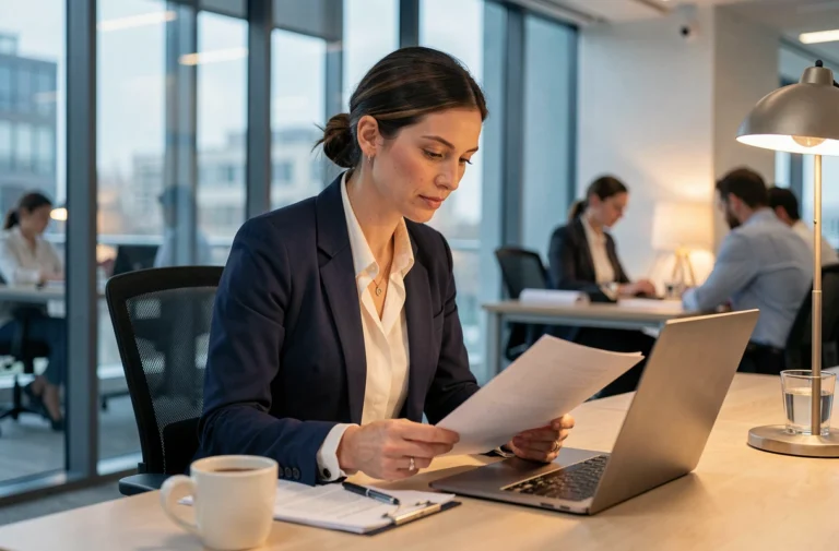 Femme professionnelle confiante travaillant dans un bureau moderne, illustrant le développement de carrière grâce aux services professionnels