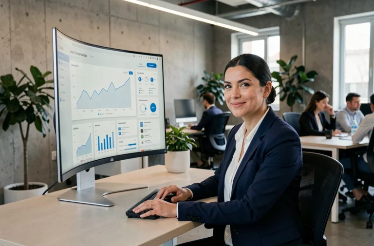 Professionnelle analysant le tableau de bord de son site web pour optimiser la présence en ligne de son entreprise