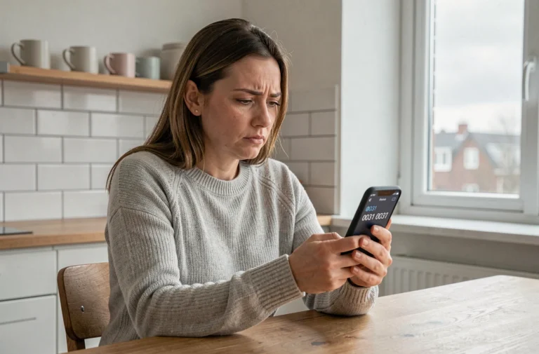 Femme tenant un smartphone affichant un numéro inconnu en 0031, expression méfiante dans une cuisine moderne