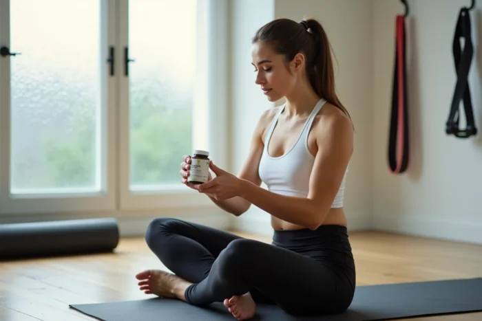 Femme sportive lisant l'étiquette d'un supplément probiotique après l'entraînement