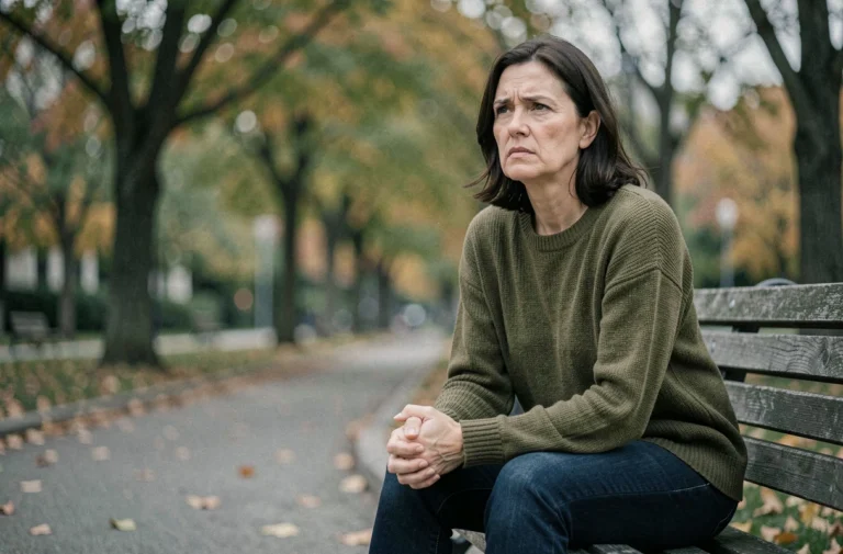 Femme anxieuse assise seule sur un banc de parc en automne, illustrant les symptômes émotionnels du stress post-traumatique
