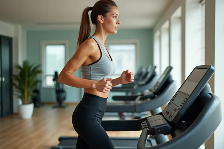 Femme qui court sur un tapis de course Sportstech F37 dans une salle de sport à domicile moderne