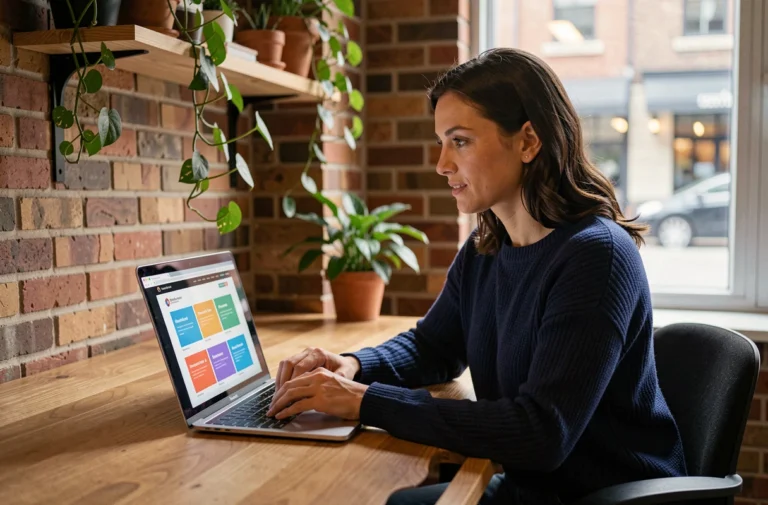 Femme consultant des tendances web design sur un ordinateur portable dans un bureau moderne