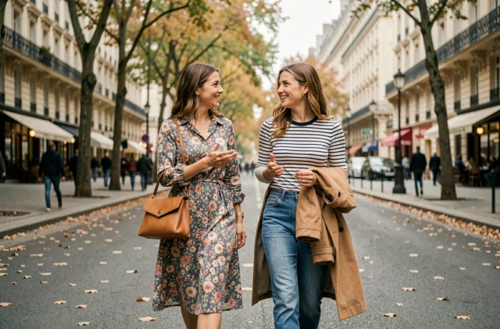 Deux femmes élégantes aux dernières tendances de la mode française se promenant sur un boulevard parisien