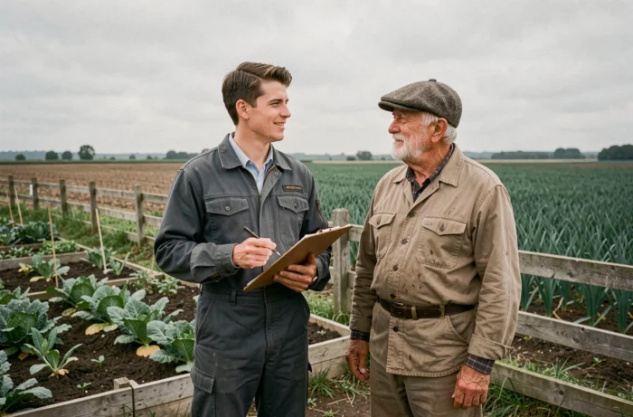 Un fermier traditionnel et un agriculteur moderne côte à côte devant un paysage montrant les deux types d'exploitation agricole