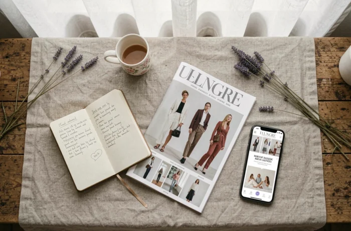 Flat lay tendances lifestyle avec magazine, carnet et smartphone sur linge naturel