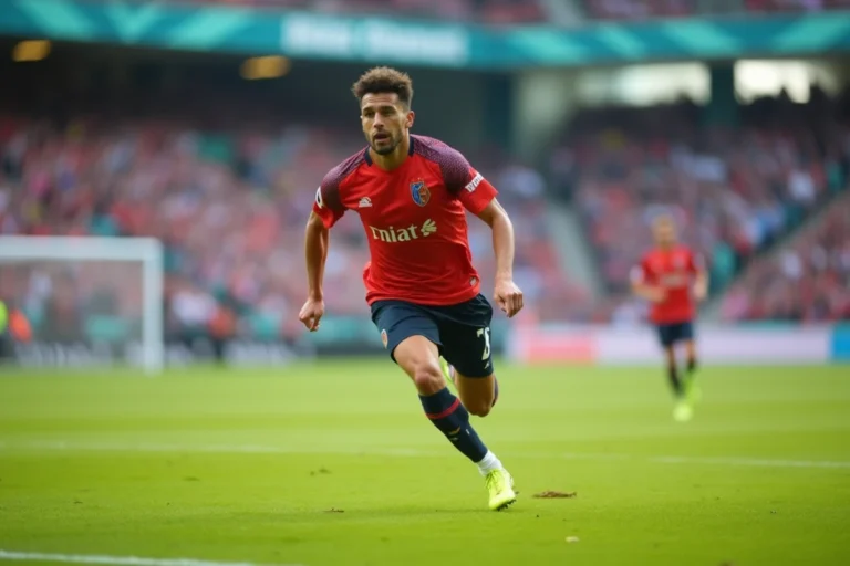 Footballeur professionnel en plein sprint sur un terrain de football lors d'un match de championnat
