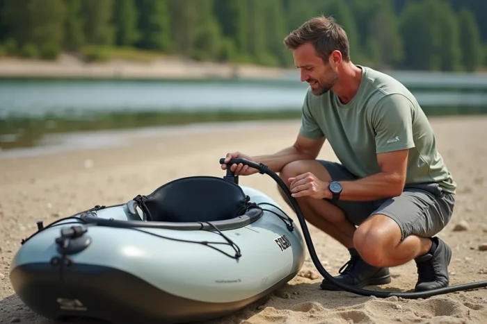 Homme gonflant un kayak Advanced Elements Lagoon 1 sur une berge de rivière sablonneuse avant une session de pagaie