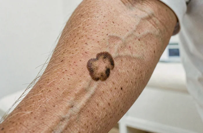 Gros plan sur un grain de beauté suspect avec des bords irréguliers sur un avant-bras, examen dermatologique du cancer de la peau