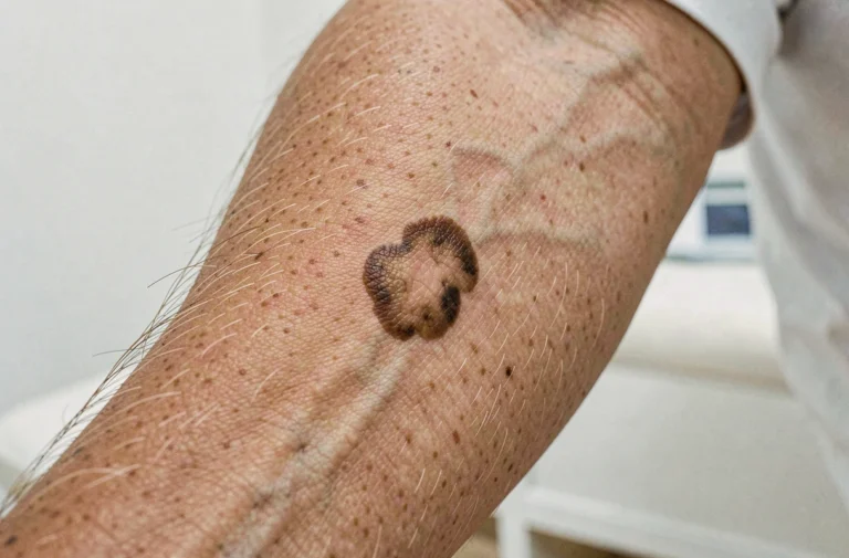 Gros plan sur un grain de beauté suspect avec des bords irréguliers sur un avant-bras, examen dermatologique du cancer de la peau