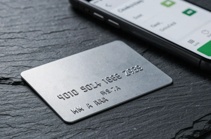 Gros plan sur une carte bancaire posée sur une surface en ardoise avec la date d'expiration MM AA visible et un smartphone en arrière-plan