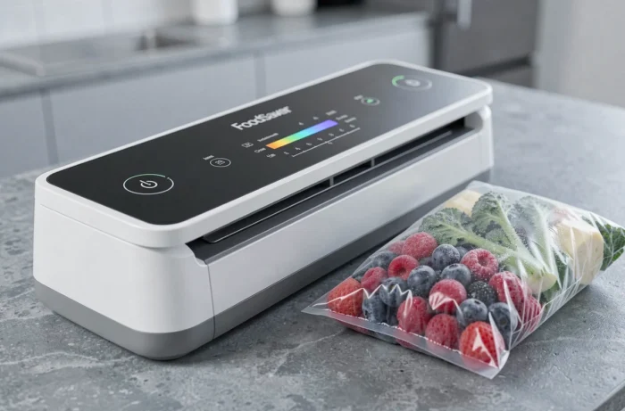 Gros plan de la machine sous vide FoodSaver FFS005X avec des aliments emballés sur un plan de travail en pierre