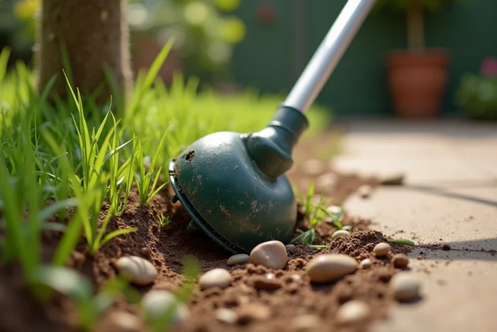 Gros plan sur la tête de coupe d'une débroussailleuse à fil posée sur un sol de jardin avec herbes coupées et graviers