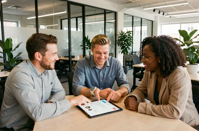 Groupe de collègues discutant des avis Tarenoi autour d'une tablette dans un espace de travail collaboratif