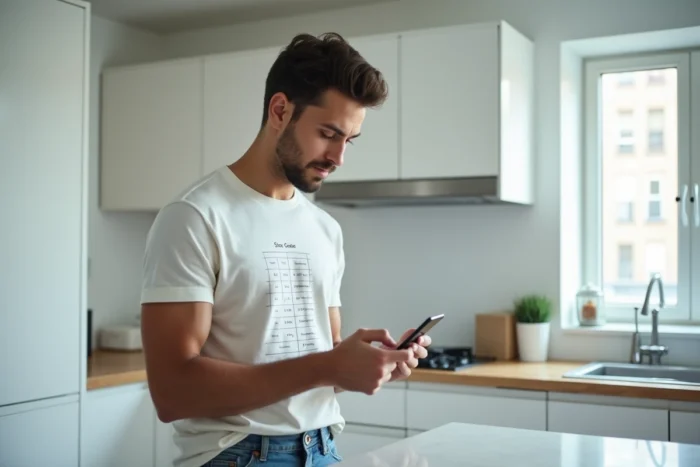 Homme vérifiant un guide des tailles sur un site e-commerce depuis son smartphone dans une cuisine moderne