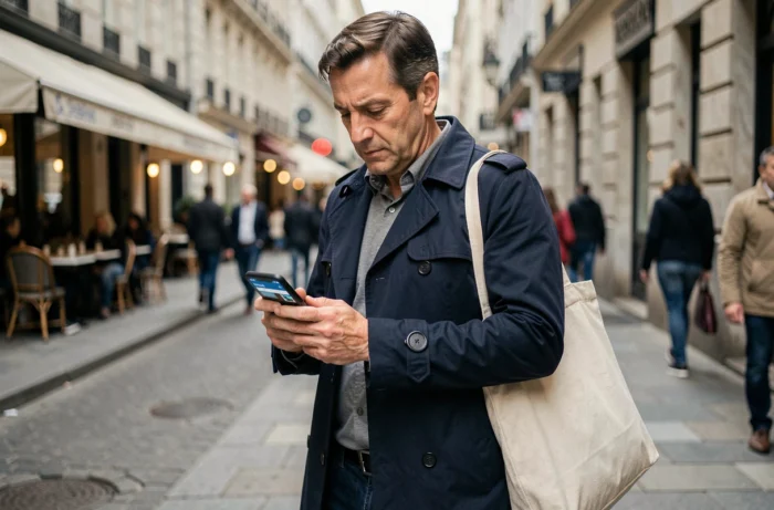 Homme lisant les dernières actualités de la société sur son smartphone dans une rue animée d'une ville européenne